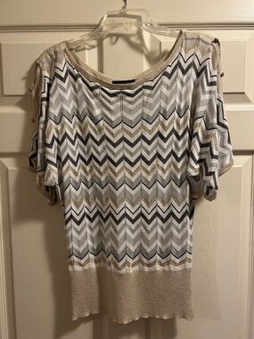 White House Black Market Striped Chevron Knit Top in White, Black & Gold